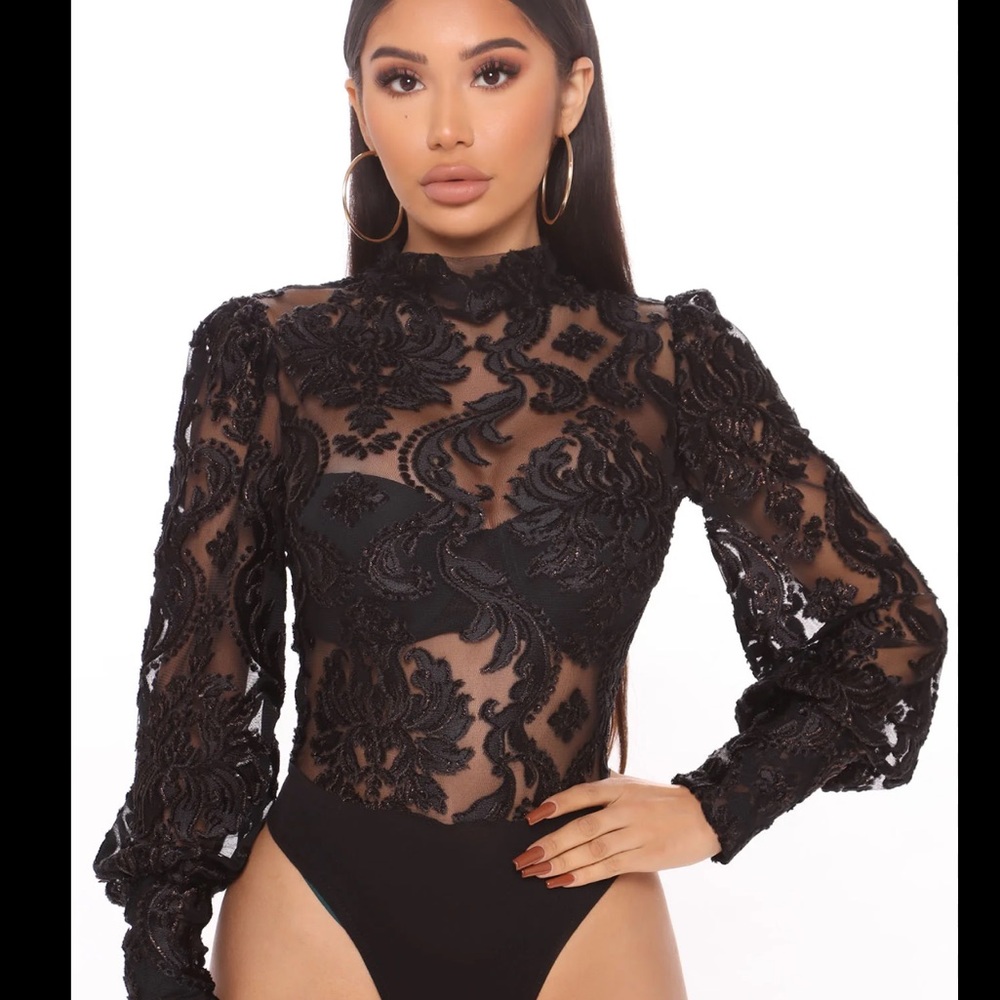 Fashion Nova Black Mesh Ruffle Bodysuit